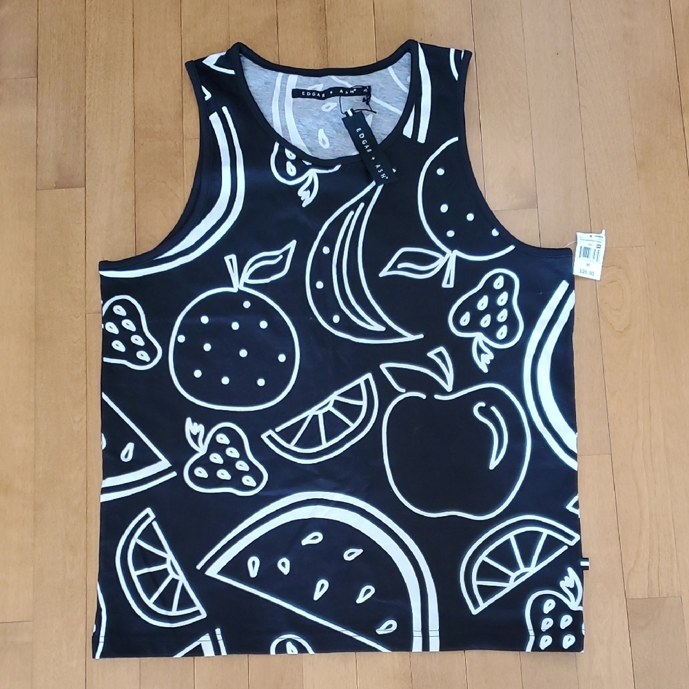 Mens Edgar + Ash Black & White Fruit Pattern Tank Top Size Med Large apple NWT